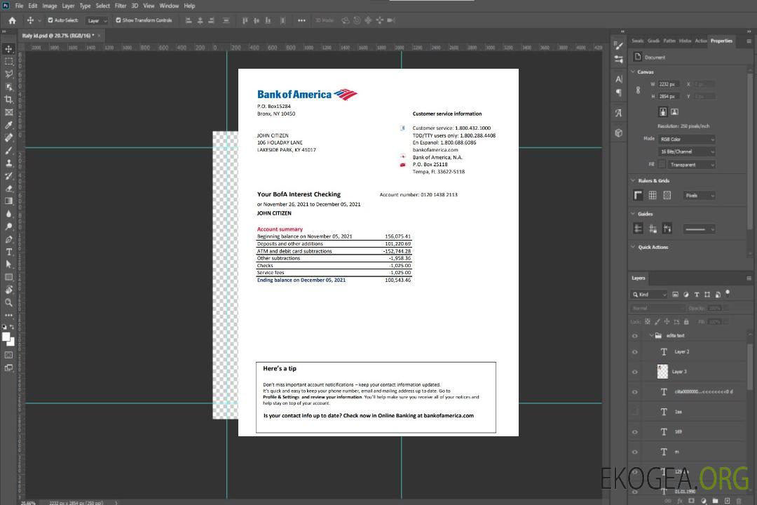 Modèle de relevé bancaire USA Bank of America facile à remplir au format de fichier .xls et .pdf template